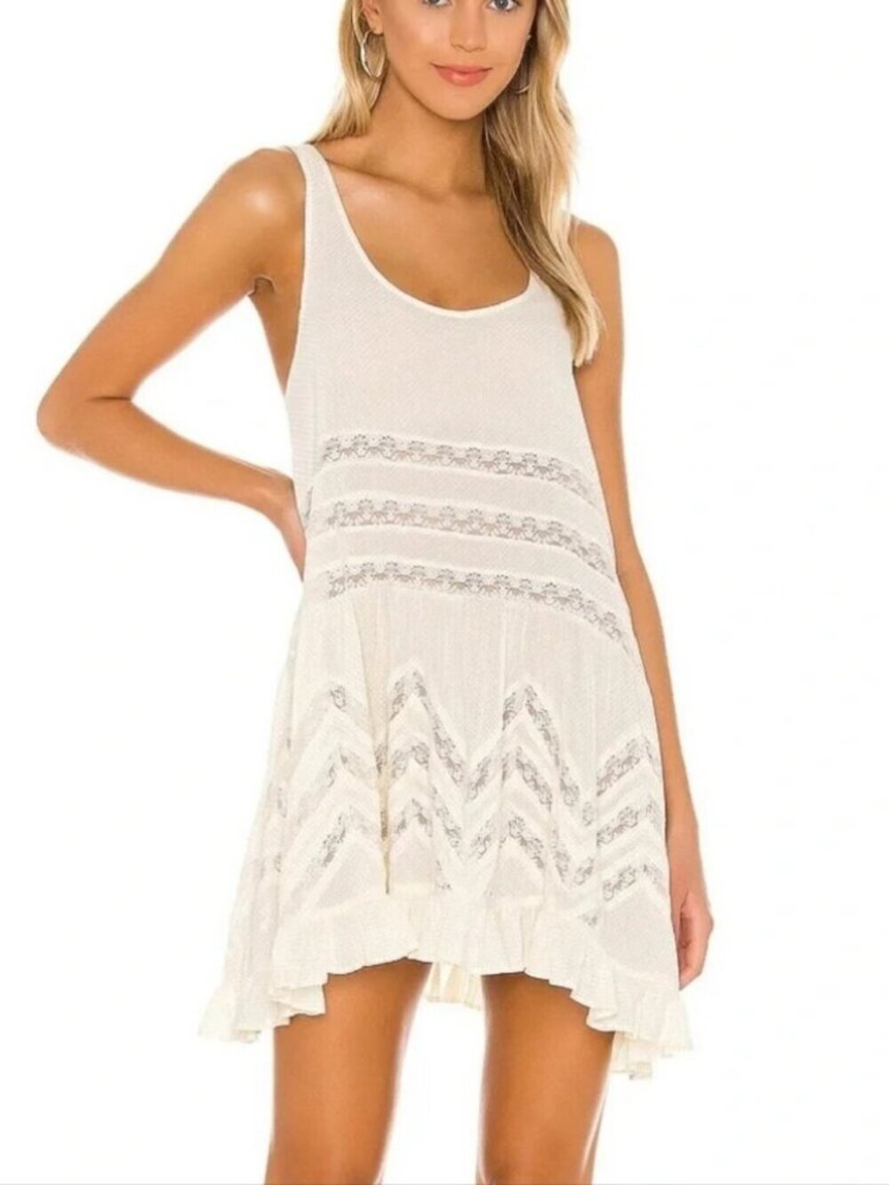 Free People Voile & Lace Trapeze Boho Slip Dress/Tunic- Ivory- Size Small